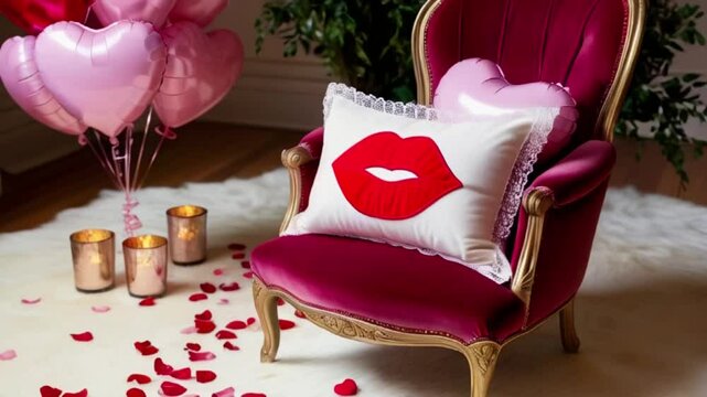 Red Lips Pillow with Lace on  Velvet Chair, Romantic Valentine's Day Decor, a Valentine's Day card or love letter, banner, poster for website, Valentine's day concept,love, affection, generative ai