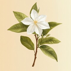 Obraz premium Close-up illustration of a single white gardenia flower with green leaves and stem on a beige background.