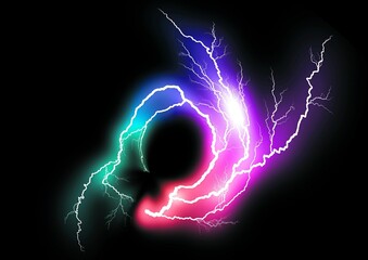 黒い背景にカラフルな稲妻が渦巻く3D イラスト