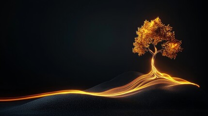 startup innovation scaling concept. Glowing tree on a dark landscape with flowing light effects.