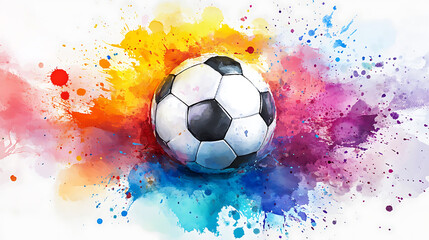 Soccer ball on watercolor splat background
