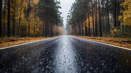 Fototapeta premium Straight asphalt road in the middle of the forest in rainy weather