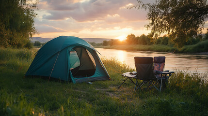 Tent and camping chair set up on the grass near a river with sunset