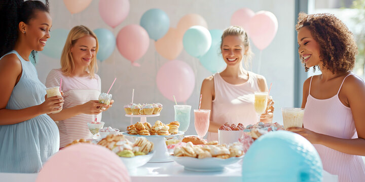 Friends and family at a baby shower gathering around a table filled with snacks, drinks, and pastel-colored party decor.