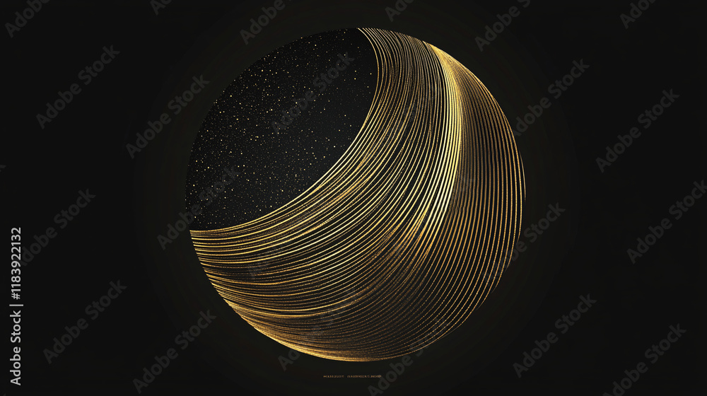 Poster An abstract, elegant design with a glowing gold line within a circle, set on a black background, reflecting futuristic technology.

