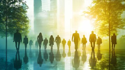 Fototapeta premium City sunrise, people walking, future, hope