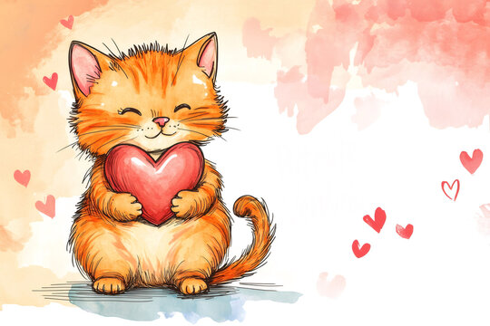 Adorable ginger cat embracing a red heart, perfect for valentine's day greetings and spreading love