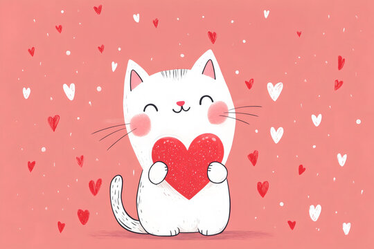 Adorable white kitten embracing a red heart, surrounded by floating hearts on a pink background, perfect for valentine's day greetings