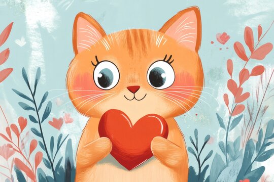 Adorable ginger cat embracing a red heart, surrounded by foliage, perfect for valentine's day greetings and projects - Powered by Adobe