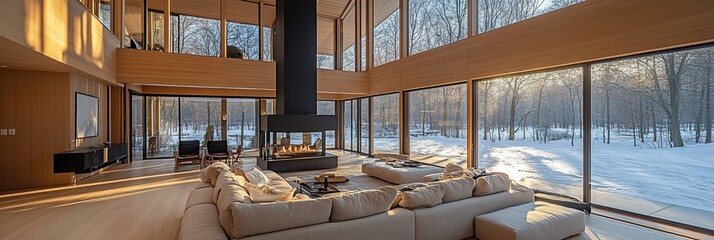 Fototapeta premium Luxurious modern living room with large windows overlooking a snowy winter landscape and a central fireplace.