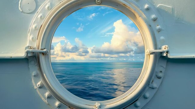 beautiful sea view in porthole of the old ship