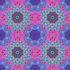 Beautiful seamless pattern in blue and pink. Endless ornament with mandala flowers. Indian motifs.