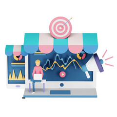 3D illustration of online marketing concept with man working on laptop, megaphone, graphs, target, shop and mobile phone