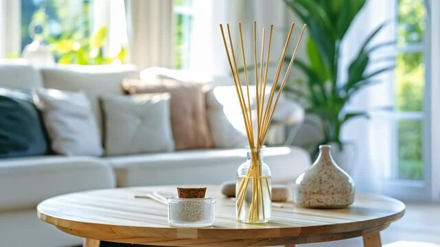 reed diffuser on wooden table in modern bright living room
