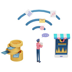 3D illustration of online business concept with a man, a smartphone, wifi signal and money