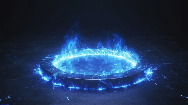 Energy spinning circle with blue glowing rays. Fantasy portal, magic twirled teleport on floor iod vector illustration. Effect energy ray teleport futuristic illustration