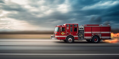 Red firetruck speeding on highway under dramatic sky.