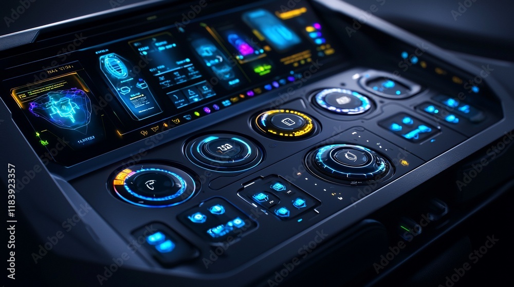 Poster Futuristic car dashboard with digital interface and controls.
