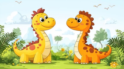 Naklejka premium Adorable Baby Dinosaurs in a Lush Green Landscape: A Delightful Cartoon Illustration