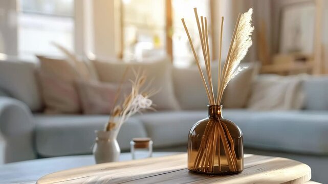 reed diffuser on wooden table in bright living room