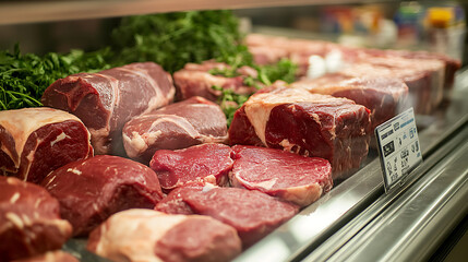 Various cuts of fresh raw red meat on a counter in a supermarket