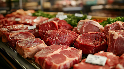 Various cuts of fresh raw red meat on a counter in a supermarket