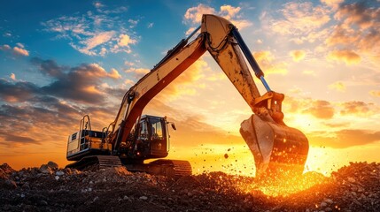 Excavator digging at sunset.