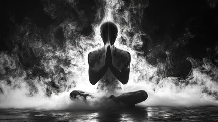 Obraz premium Serene Silhouette: A Yogi Enveloped in Mystical Smoke