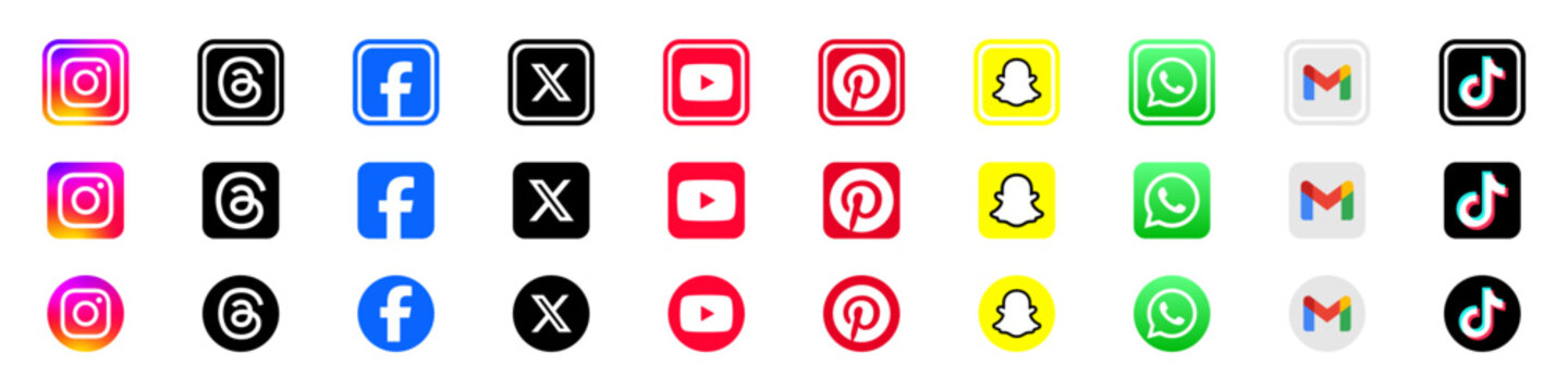 social media icons button collection set. threads, x pinterest, snapchat, TikTok, gmail, WhatsApp, Facebook, instagram, logo, icon - social network app logos