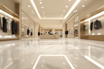 Obraz premium Luxurious clothing store interior with marble floor and gold accents.