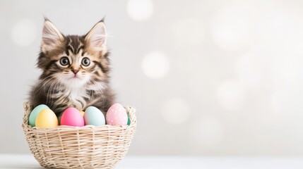 Cute Kitten in Easter Egg Basket on Soft Pastel Background.