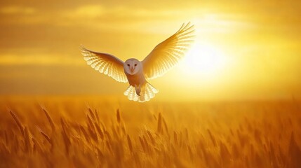 Obraz premium Barn owl in flight over golden wheat field at sunset. (1)
