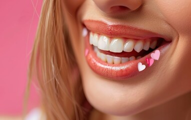 Obraz premium Closeup of lips covered in stickers. Unusualness, quirky, unconventional, bizzare, strange, peculiar, extraordinary, nonconformist, rare, atypical, outlier, unorthodox, eccentric beauty concept.