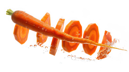 Carrot slice falling suspended mid air with white back ground