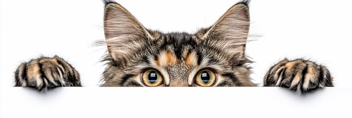 Fototapeta premium Curious cat peeking over white surface, paws on edges.