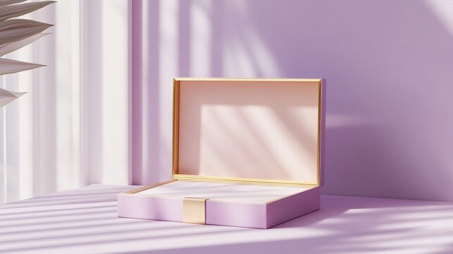 Open purple jewelry box on table with sunlight.