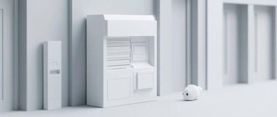 Minimalist white kiosk exterior with small robot.