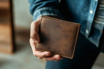 Close up of craftsman holding elegant handmade brown leather wallet with embossed logo, showcasing craftsmanship and style