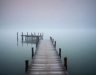 Fototapeta premium An old wooden pier extending into a foggy lake.