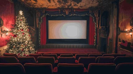 Christmas tree in ornate cinema; movie screen, festive background