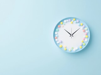 Creative Clock Design with Colorful Candy on Blue Background..
