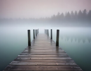 Fototapeta premium An old wooden pier extending into a foggy lake.
