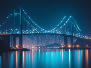 Fototapeta premium Night Cityscape: Illuminated Suspension Bridge and City Skyline