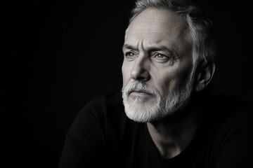 Obraz premium Senior man with white beard showing thoughtful expression on black background