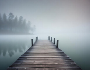 An old wooden pier extending into a foggy lake.