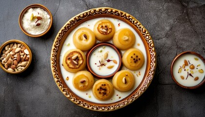 Fototapeta premium Indian Malpua with Rabri Served in Decorative Bowl on Rustic Table