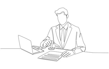 Continuous one line drawing of businessman stamping company seal on document or agreement, signing contract or document verification concept, single line art