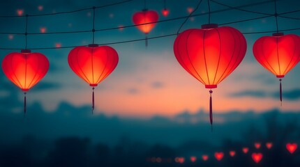 Obraz premium Glowing heart lanterns at dusk in a serene outdoor setting.