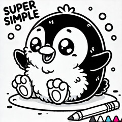 Obraz premium Black white lineart coloring book, cute animal character. Cute Cartoon Character with Big Eyes. Cute pinguin with happy faces. Simple image for kids coloring book