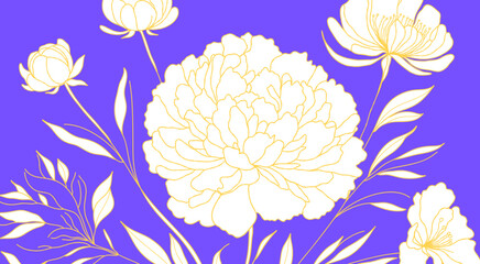 Flowers background. Peony and leaves on a violet background. For wall art, wedding invitations, greeting cards, packaging design, fabric prints.